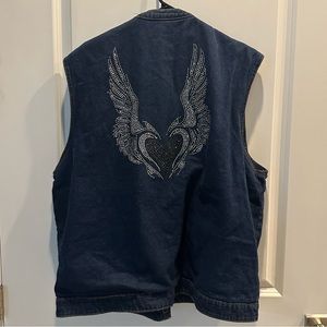 Vance biker wear vintage denim vest bedazzled heart with wings